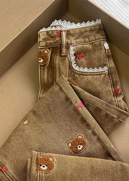Coffee Embroidered Lace Patchwork Denim Straight Pants Spring