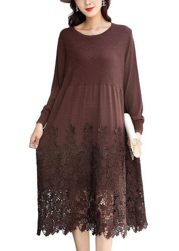 Chocolate Embroideried Patchwork Knit Long Dresses Spring