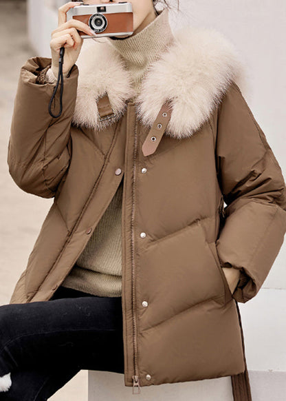 Coffee Fur Collar Zip Up Duck Down Winter Coats