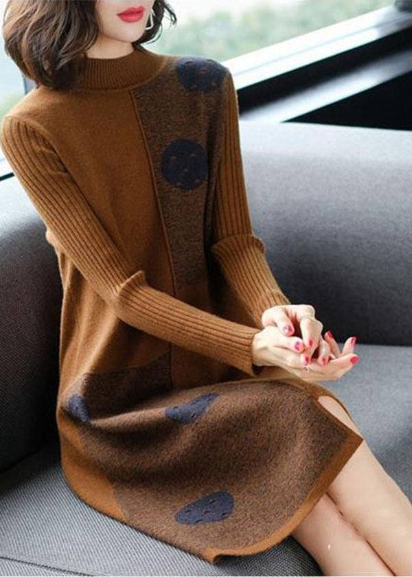 Chocolate High Neck Asymmetrical Design Knit Sweater Dress Long Sleeve
