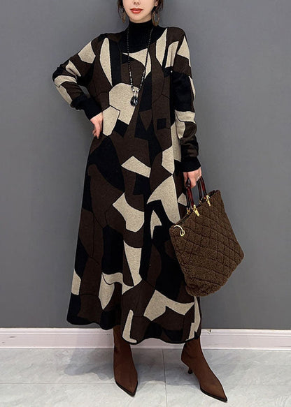 Chocolate Hign Neck Geometric Print Knit Sweater Dress Winter