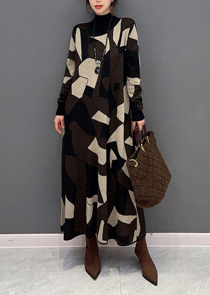 Chocolate Hign Neck Geometric Print Knit Sweater Dress Winter