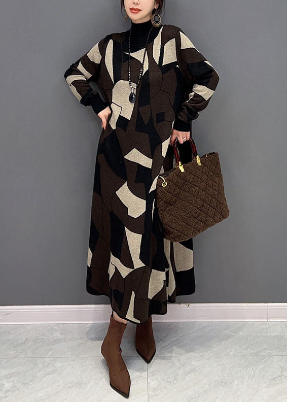 Chocolate Hign Neck Geometric Print Knit Sweater Dress Winter
