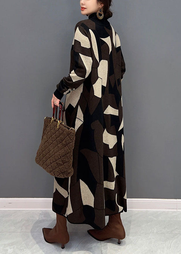 Chocolate Hign Neck Geometric Print Knit Sweater Dress Winter