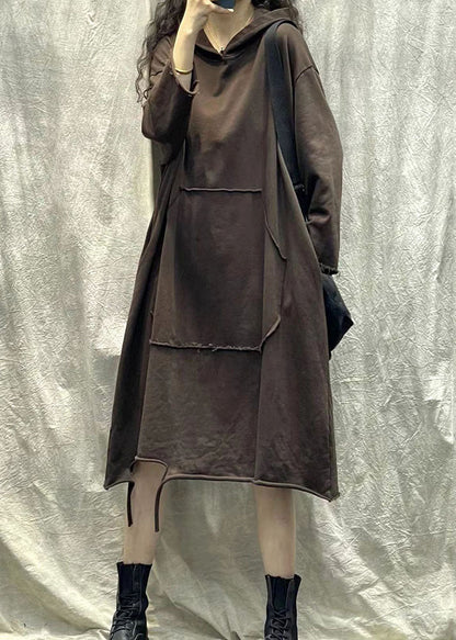 Chocolate Hooded Ripped Patchwork Cotton Sweatshirts Dress Fall
