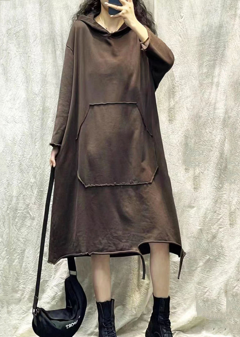 Chocolate Hooded Ripped Patchwork Cotton Sweatshirts Dress Fall