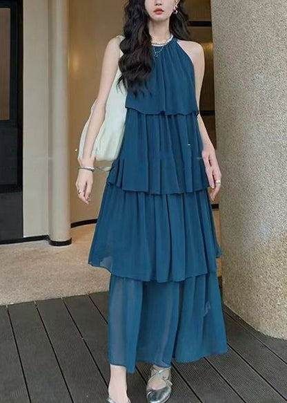 Coffee O Neck Layered Wrinkled Patchwork Chiffon Dresses Sleeveless