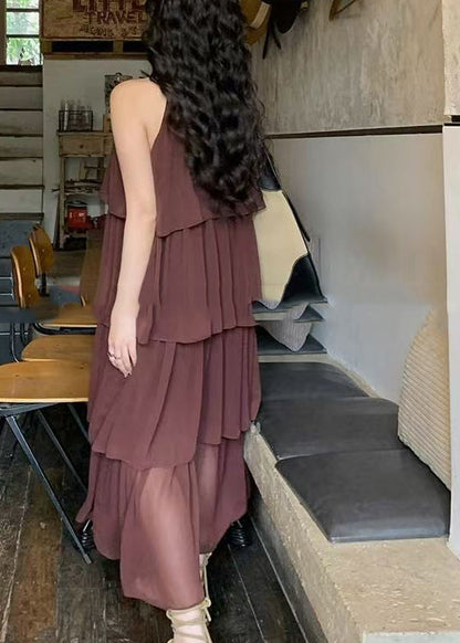 Coffee O Neck Layered Wrinkled Patchwork Chiffon Dresses Sleeveless