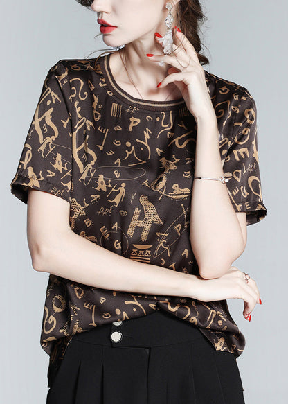 Coffee O-neck Print Chiffon Tops Short Sleeve