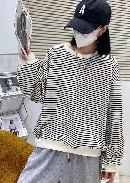 Fashion Chocolate O-Neck Striped Patchwork Cotton Sweatshirts Top Long Sleeve