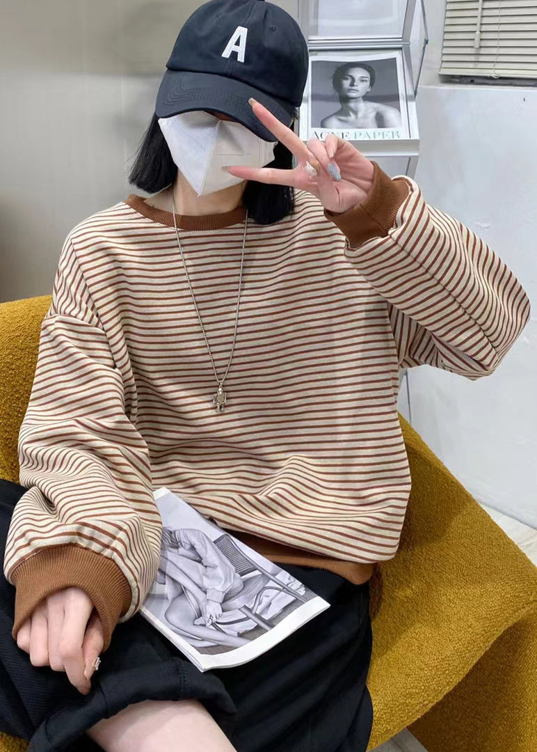 Chocolate O-neck Striped Patchwork Cotton Sweatshirts Top Long Sleeve
