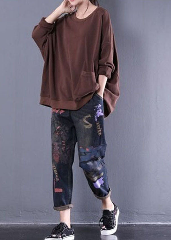 Chocolate Oversized Pocket Contton Sweatshirt Tops Winter