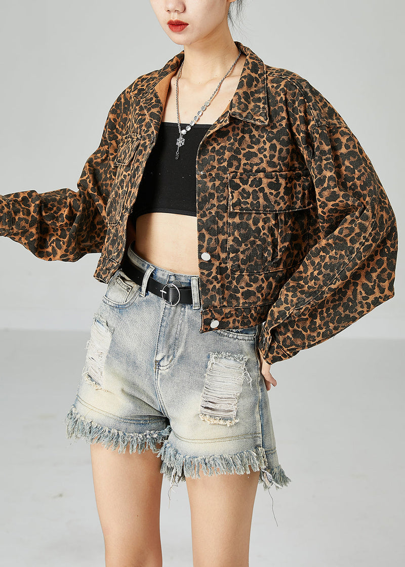 Coffee Peter Pan Collar Leopard Print Pockets Cotton Coats Spring