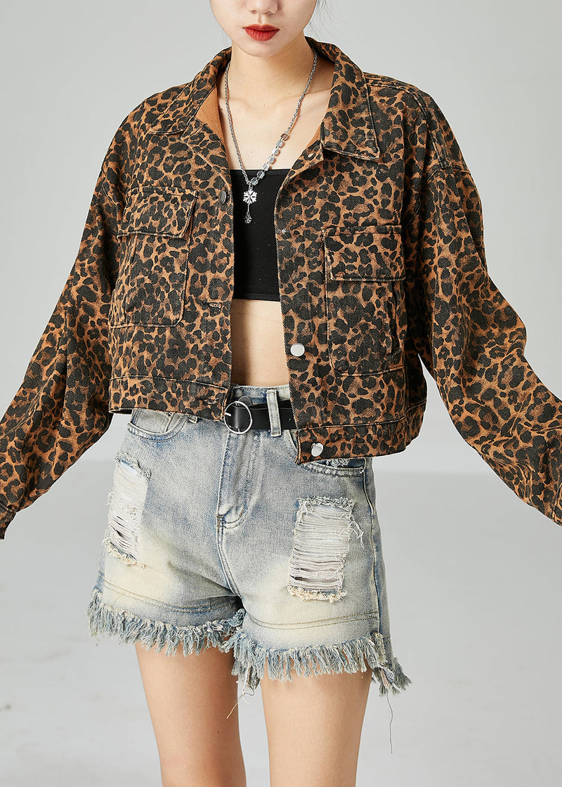 Coffee Peter Pan Collar Leopard Print Pockets Cotton Coats Spring
