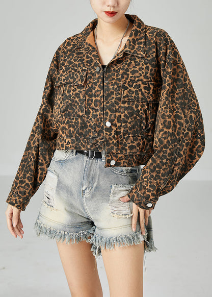 Coffee Peter Pan Collar Leopard Print Pockets Cotton Coats Spring