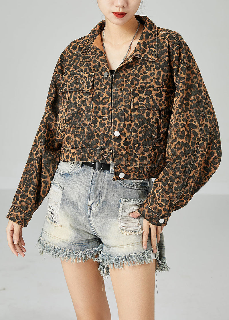 Coffee Peter Pan Collar Leopard Print Pockets Cotton Coats Spring