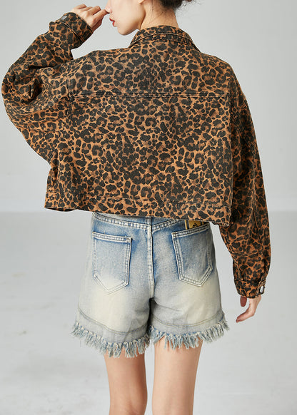 Coffee Peter Pan Collar Leopard Print Pockets Cotton Coats Spring
