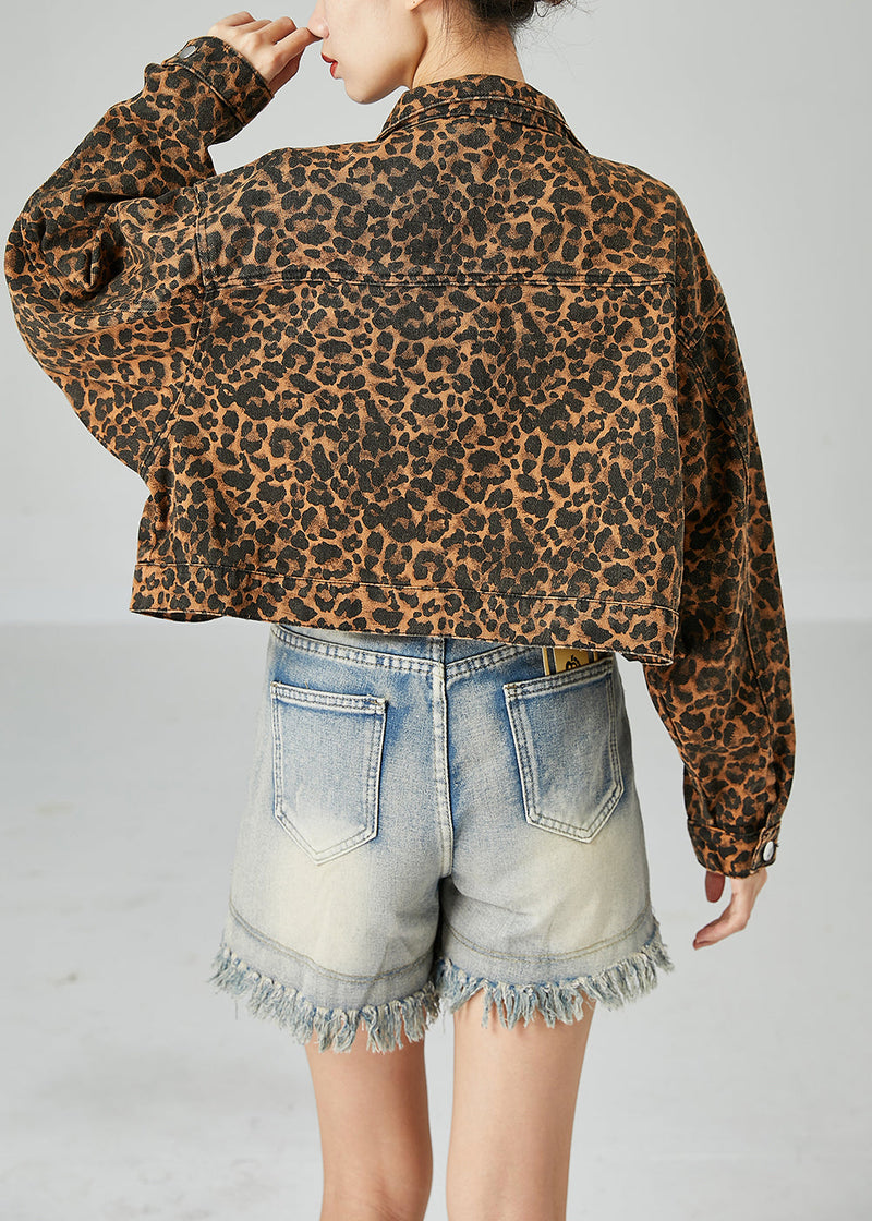 Coffee Peter Pan Collar Leopard Print Pockets Cotton Coats Spring
