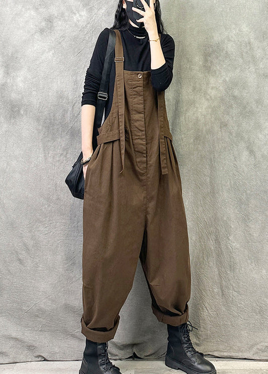 Coffee Pockets Patchwork Cotton Strap Pants Summer