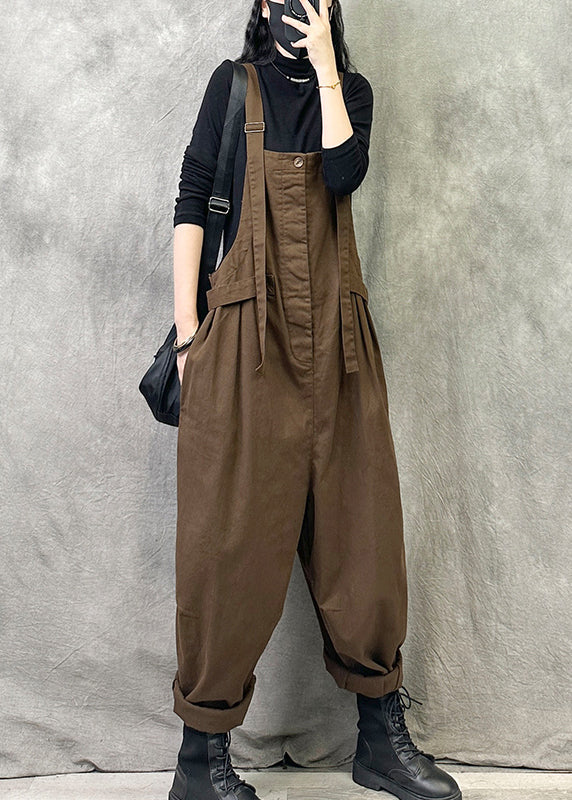 Coffee Pockets Patchwork Cotton Strap Pants Summer