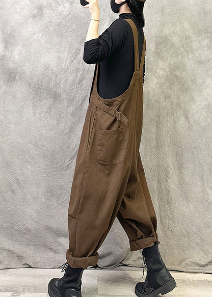 Coffee Pockets Patchwork Cotton Strap Pants Summer