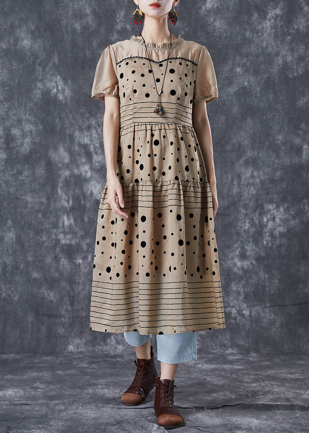 Coffee Ruffled Patchwork Print Chiffon Dress Summer