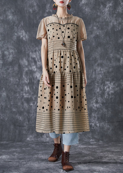 Coffee Ruffled Patchwork Print Chiffon Dress Summer