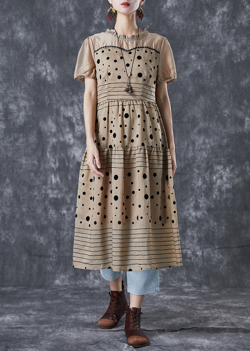 Coffee Ruffled Patchwork Print Chiffon Dress Summer