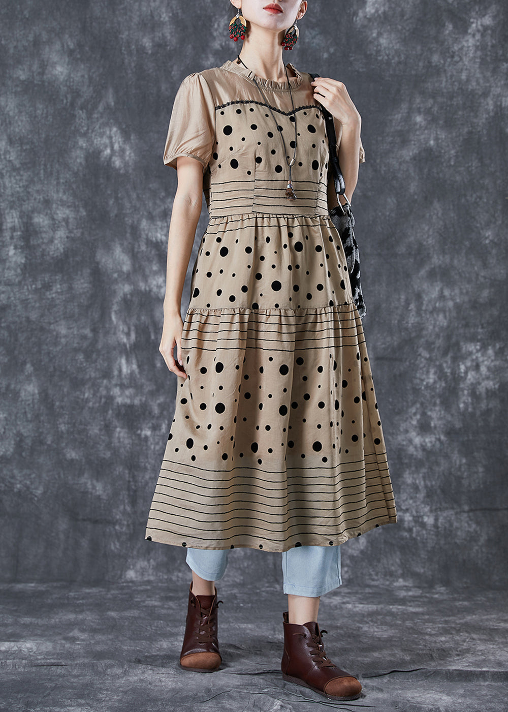Coffee Ruffled Patchwork Print Chiffon Dress Summer