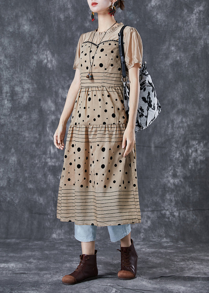 Coffee Ruffled Patchwork Print Chiffon Dress Summer