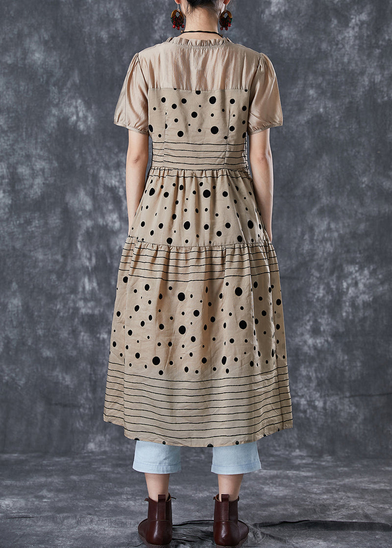 Coffee Ruffled Patchwork Print Chiffon Dress Summer