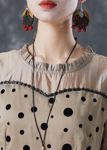 Coffee Ruffled Patchwork Print Chiffon Dress Summer