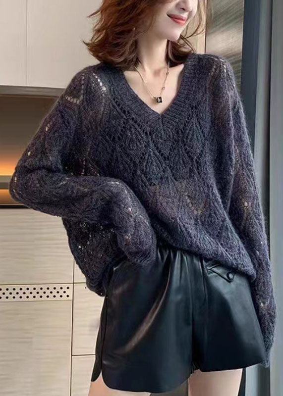 Coffee V Neck Hollow Out Cozy Ma Hai Mao Cotton Knit Tops Fall