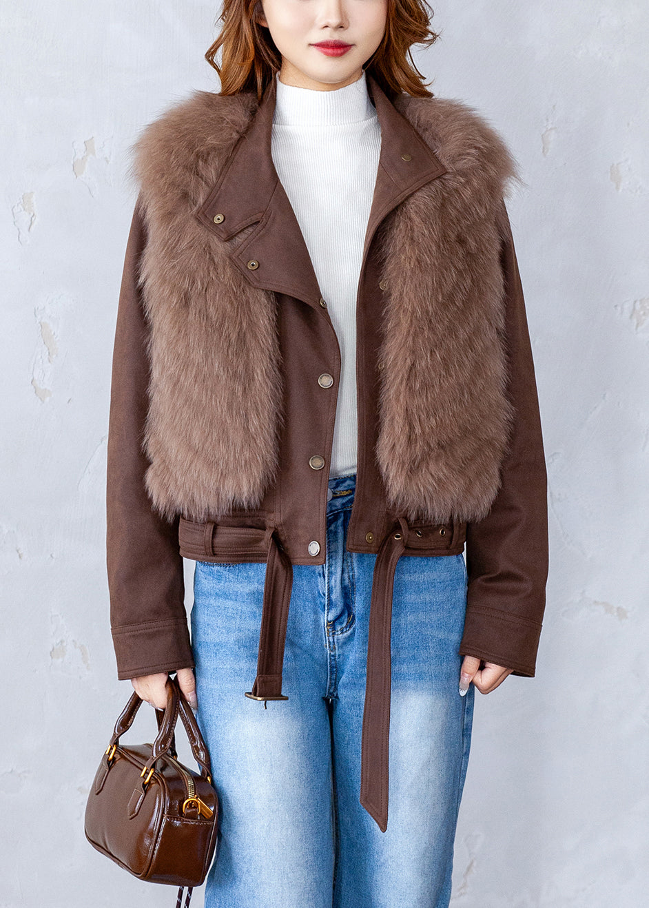 Coffee V Neck Warm Leather and Fur Waistcoat Winter