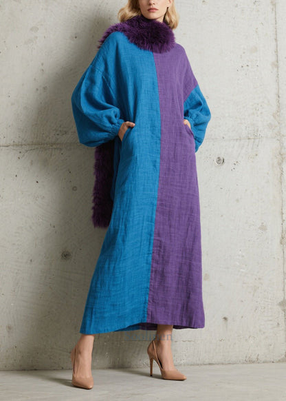 Colorblock Asymmetrical Patchwork Cotton Maxi Dresses Puff Sleeve
