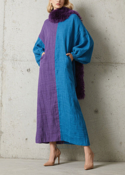 Colorblock Asymmetrical Patchwork Cotton Maxi Dresses Puff Sleeve