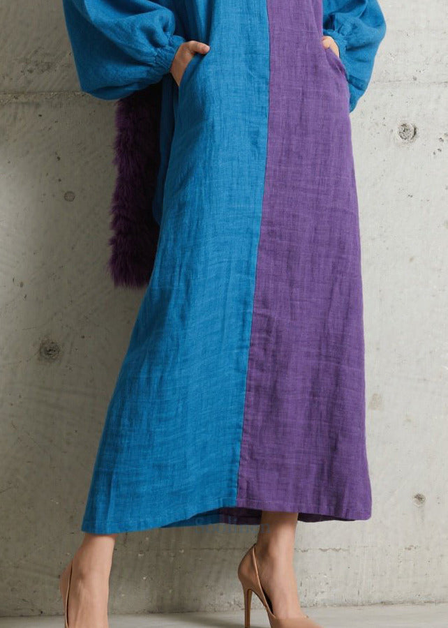 Colorblock Asymmetrical Patchwork Cotton Maxi Dresses Puff Sleeve