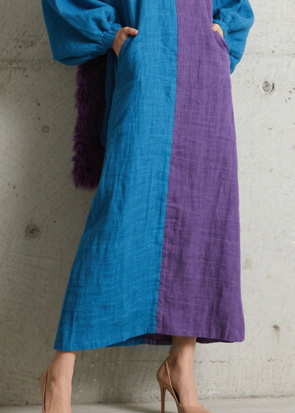 Colorblock Asymmetrical Patchwork Cotton Maxi Dresses Puff Sleeve