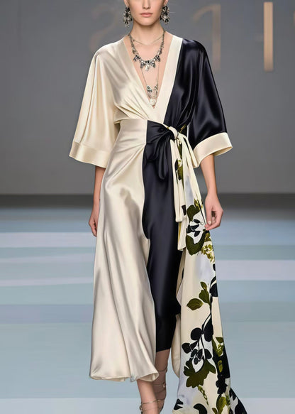 Colorblock Asymmetrical Patchwork Silk Vacation Dresses Bracelet Sleeve