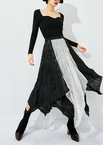Colorblock Asymmetrical Patchwork Wrinkled Cotton Skirts Summer