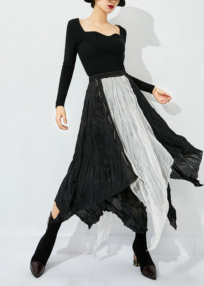 Colorblock Asymmetrical Patchwork Wrinkled Cotton Skirts Summer