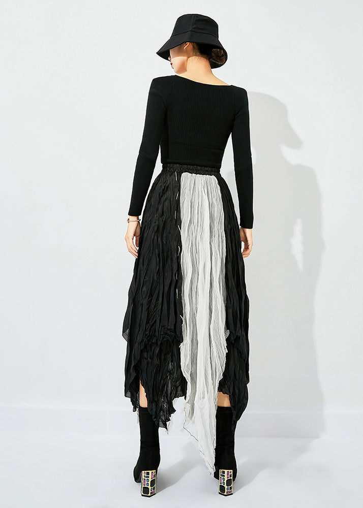 Colorblock Asymmetrical Patchwork Wrinkled Cotton Skirts Summer