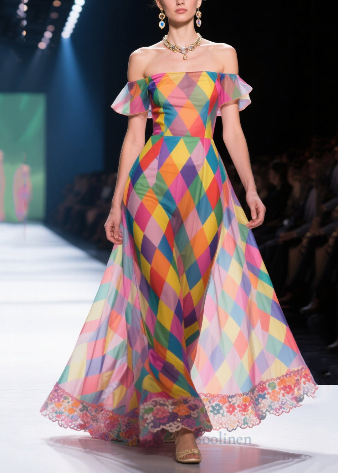 Colorblock Cold Shoulder Plaid Chiffon Strapless Dress Summer