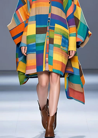 Colorblock Notched Asymmetrical Button Woolen Coat Fall