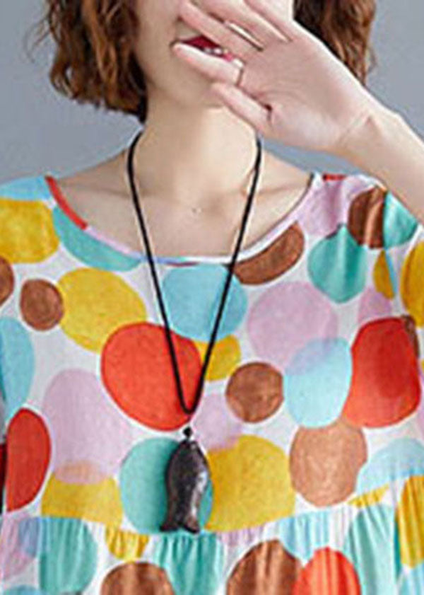 Colorblock O-neck Dot Print Cotton Pleated Dresses Short Sleeve