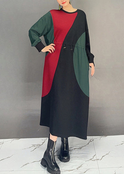 Colorblock O Neck Drawstring Cotton Dress Fall
