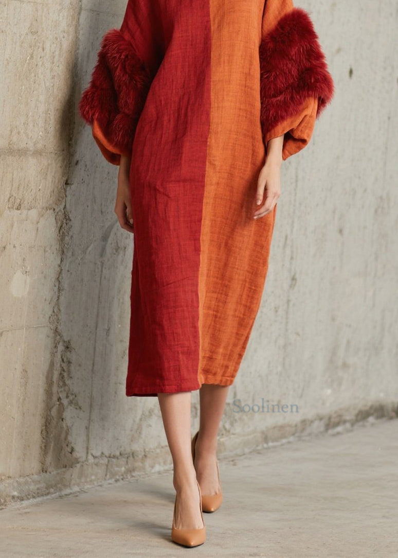 Colorblock O Neck Fuzzy Fur Fluffy Patchwork Cotton Dress Fall