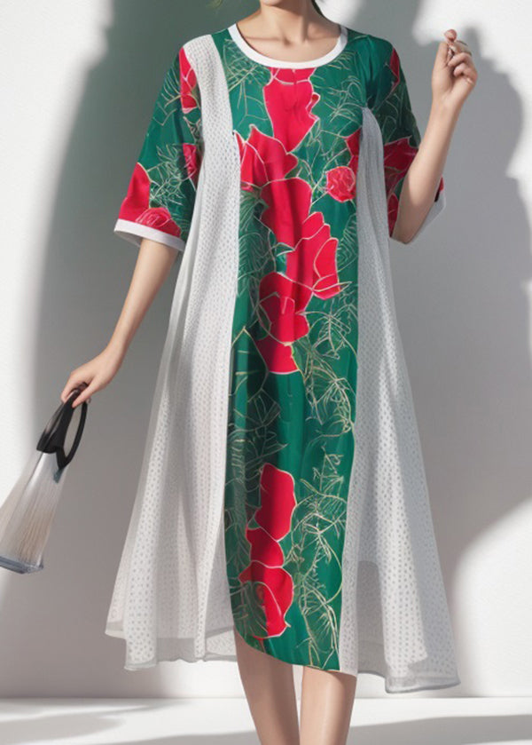Colorblock O Neck Print Silk Dress Summer