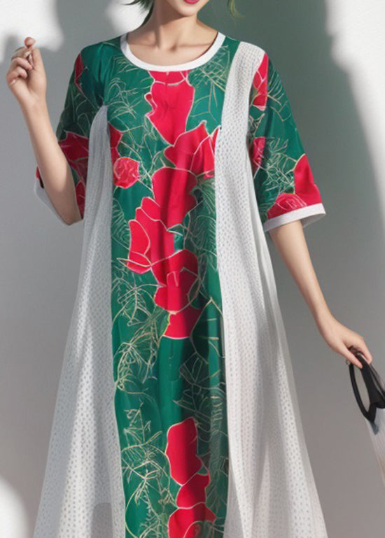 Colorblock O Neck Print Silk Dress Summer
