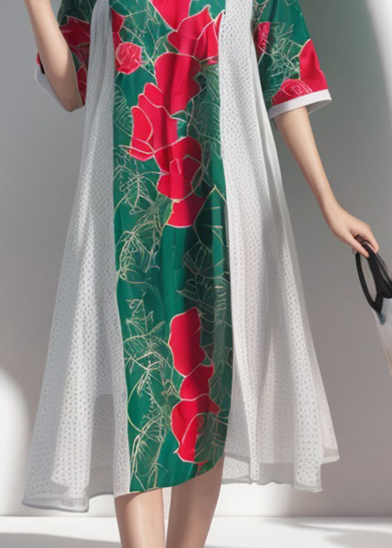 Colorblock O Neck Print Silk Dress Summer